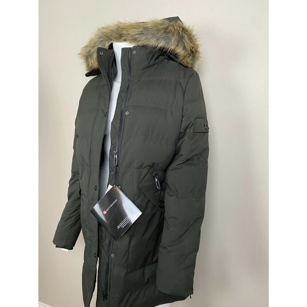Misty Mountain faux Hooded Puffer Coat in Olive Green, black fleece lining